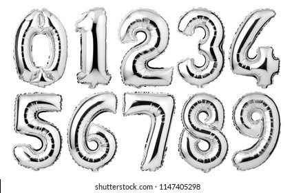 Silver foil number balloons isolated on white background - Shutterstock ID 1147405298