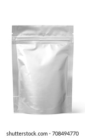 Silver foil zipper bag packaging on white background