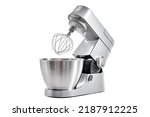 Silver food processor with whisk on white background isolated, kitchen electric mixer, Modern kitchen appliance for cooking