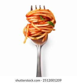 silver fork with pasta, tomato sauce and basil leaf - Powered by Shutterstock