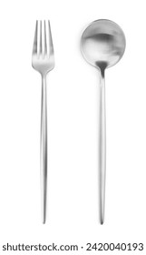 Silver fork and spoon isolated on white, top view
