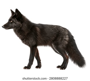 Silver Fox Solid Black Fur Standing Side View Rare Fox Color Morph Wildlife Isolated on White Background