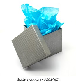 Silver Gift Box With Open Lid And Blue Tissue Paper