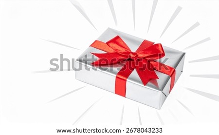 silver gift box with rays around. Symbol of present with red bow. isolated on white background