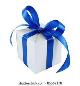 Silver Gift Wrapped Present With Blue Satin Bow Isolated On White