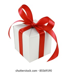 Silver Gift Wrapped Present With Red Satin Bow Isolated On White