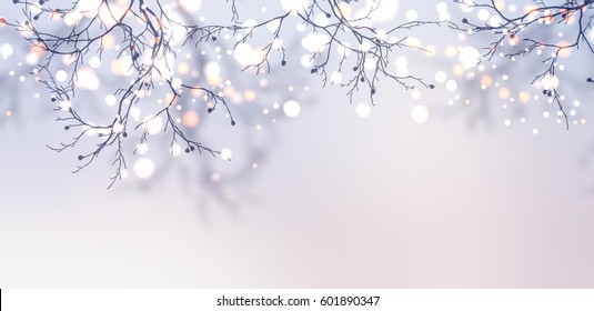 Silver Glitter Branch Banner. Garland Sparkles On The Tree Banner. Light Winter Morning Background.