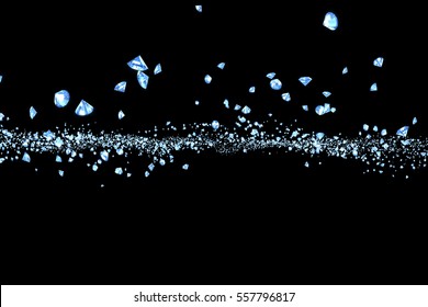 Silver Glitter Sparkle Diamonds Particles Flowing On Black Background, Transition Effect, Glamour Luxury Holiday Concept