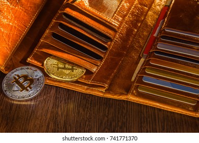 Silver Gold Bitcoins In The Wallet. Crypt Of Safety. Virtual Money. Mining. Security.