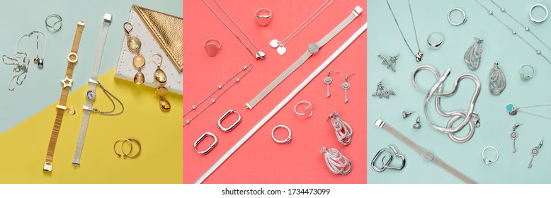 Silver And Gold Jewelry On Minimal Colorful Background. Rings, Bracelets And Earrings. Top View Of Fashion Luxury Woman Accessories, Jewelry And Shopping Concept. Trendy Flatlay Composition For Banner