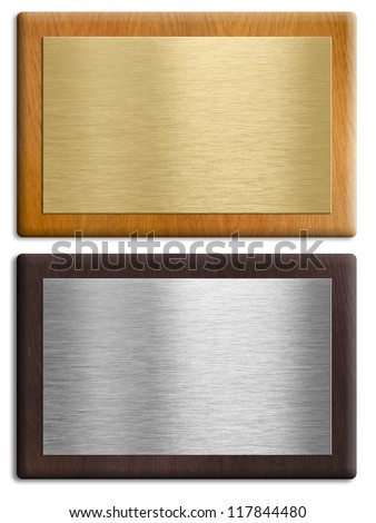 Silver and gold wooden plaques isolated on white set. Clipping paths are included.