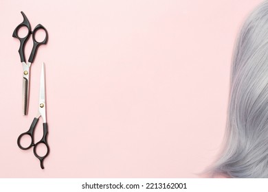 Silver Hair And Scissors For Cutting. Creating Beautiful Hairstyles. Pink Background. Top View. Flat Lay. Copy Space. Place For Text. Hairdresser.