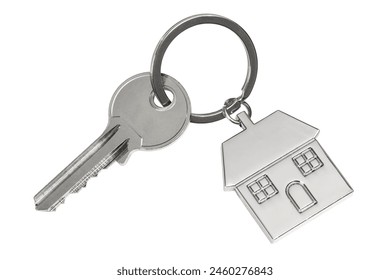 Silver house shaped keychain linked  metal key transparent background