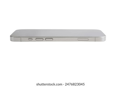 A silver iPhone is shown from the side. The back of the phone is silver and the front is white