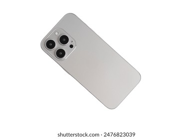 A silver iPhone with a white background. The phone is turned off. The back of the phone has a white case