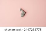 Silver jewel in the shape of an upside-down dolphin studded with glitter on a light pink background