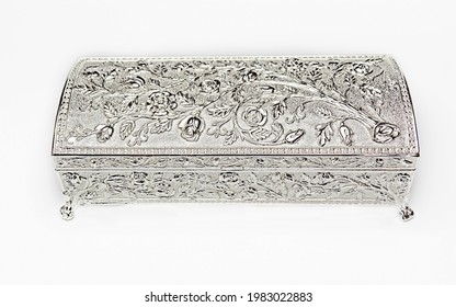 Silver Jewellery Box, Roses Pattern Design. Elegant Vintage Box Isolated On White Background.