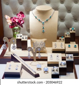 Silver Jewelry At Showcase Of Jewelry Store 