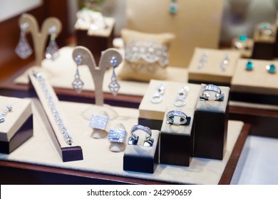 Silver Jewelry At Showcase Of Store 