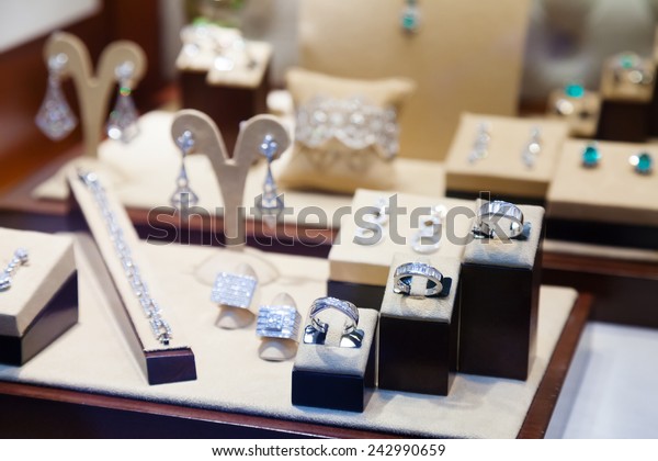silver jewelry at showcase\
of store 