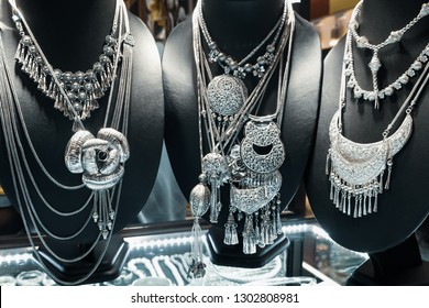 Silver Jewelry In Showcase. Thai Jewelry.