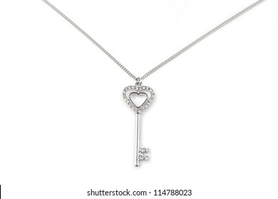 Silver Key Pendant Necklace, Isolated On White