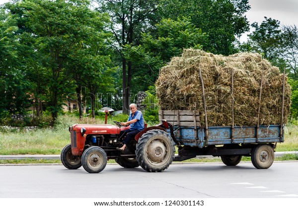 Silver lake, Serbia - June 26, 2016: Man driving a\
tractor with a trailer full of hay in a village in Serbia on a\
sunny summer day.