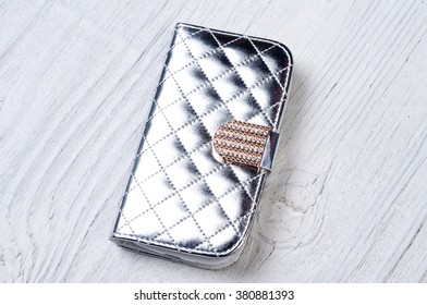 Silver Leather Wallet Case Cover For Smart Phone