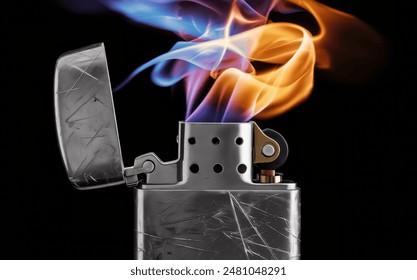 A silver lighter with a scratched surface is shown with its lid open, releasing a blue and orange flame against a black background. The flame is bright and vibrant, filling the space above the lighter - Powered by Shutterstock