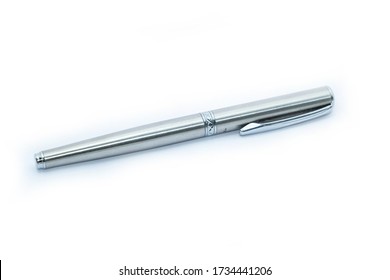 A Silver Luxury Pen Mockup Isolated On A White Background. Nice Pen.