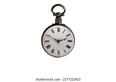 Silver mechanical antique pocket watch on white isolated background. Retro pocketwatch with minute, hour hands and numbers. Old round clock with dial for gentleman.