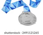 Silver medal with blue ribbon isolated on white background close up.