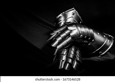 Silver Medieval Knight King Armor Gauntlets Gloves Black Fabric Crossed Overlapped Draped Riveted Battle Medieval Crusades Protection