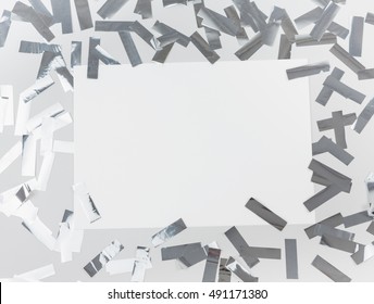 Silver Metafun Confetti. Party Time Poster Template Mockup. Top View