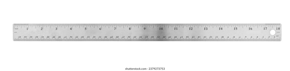 Silver metal 16 inch ruler with metric isolated on white