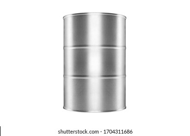 Silver Metal Barrel White Background Isolated Close Up, One Round Oil Drum, Steel Keg, Tin Food Can, Canister, Aluminium Cask, Petroleum Storage Packaging, Fuel Container, Gasoline Tank, Canned Goods