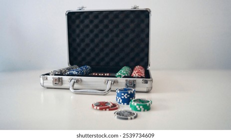 Silver metal briefcase with poker chips and cards open isolated against a white background - Powered by Shutterstock