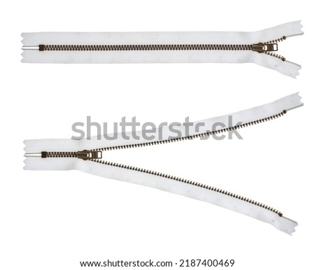 Silver metal zipper isolated on white background