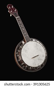 Silver metalic Banjo with wooden back isolated on black background