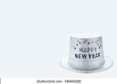 Silver Metallic Happy New Year Party Hat Isolated On White Background, Clipping Path. Copy Space Of Your Text