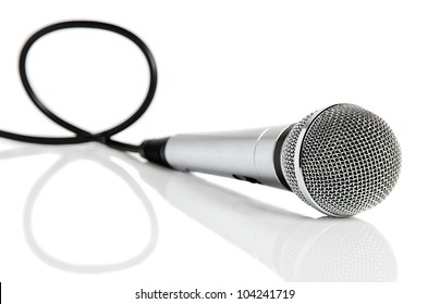 Silver Microphone With Black Wire Isolated On White