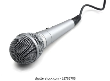 Silver Microphone With Black Wire Isolated On White