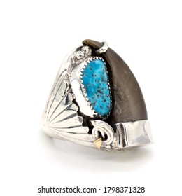 Silver Native American Turquoise Claw Ring Jewelry On White Background