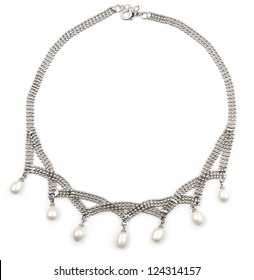 Silver Necklace With Pearls Isolated