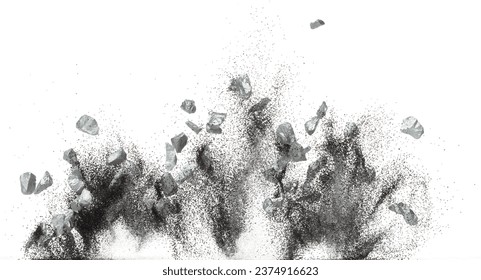 Silver ore nugget fly fall from Mining float in air. Many pieces silver nugget ore explosion with sand glitter gravel in silver Mining industry. White background Isolated throwing freeze stop motion