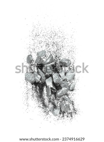 Silver ore nugget fly fall from Mining float in air. Many pieces silver nugget ore explosion with sand glitter gravel in silver Mining industry. White background Isolated throwing freeze stop motion