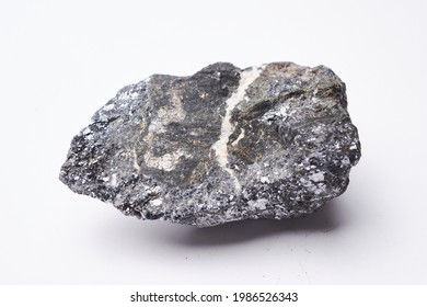 Silver Ore, Raw Mineral Stone Isolated On White Background, Mining Industry Value