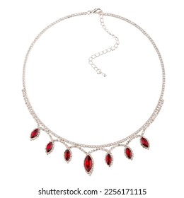 Silver pendant with diamond and ruby ​​on a thin chain on a white background