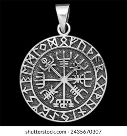 Silver pendant. Helmet of horror. Runic compass, futhark, runes, ravens and wolves of one. Viking style. Nordic tradition. Amulet. Valknut. Asatru Valhalla and Asgard. - Powered by Shutterstock