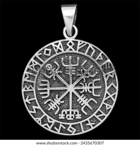 Silver pendant. Helmet of horror. Runic compass, futhark, runes, ravens and wolves of one. Viking style. Nordic tradition. Amulet. Valknut. Asatru Valhalla and Asgard.